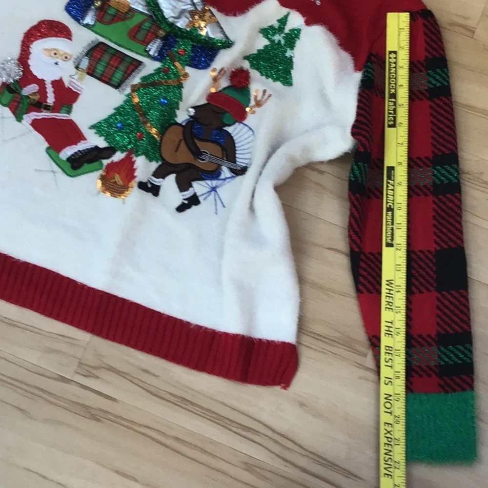 Merry & Bright Fuzzy Embroidered Santa Rudolph Camp Funny Ugly Christmas Sweater